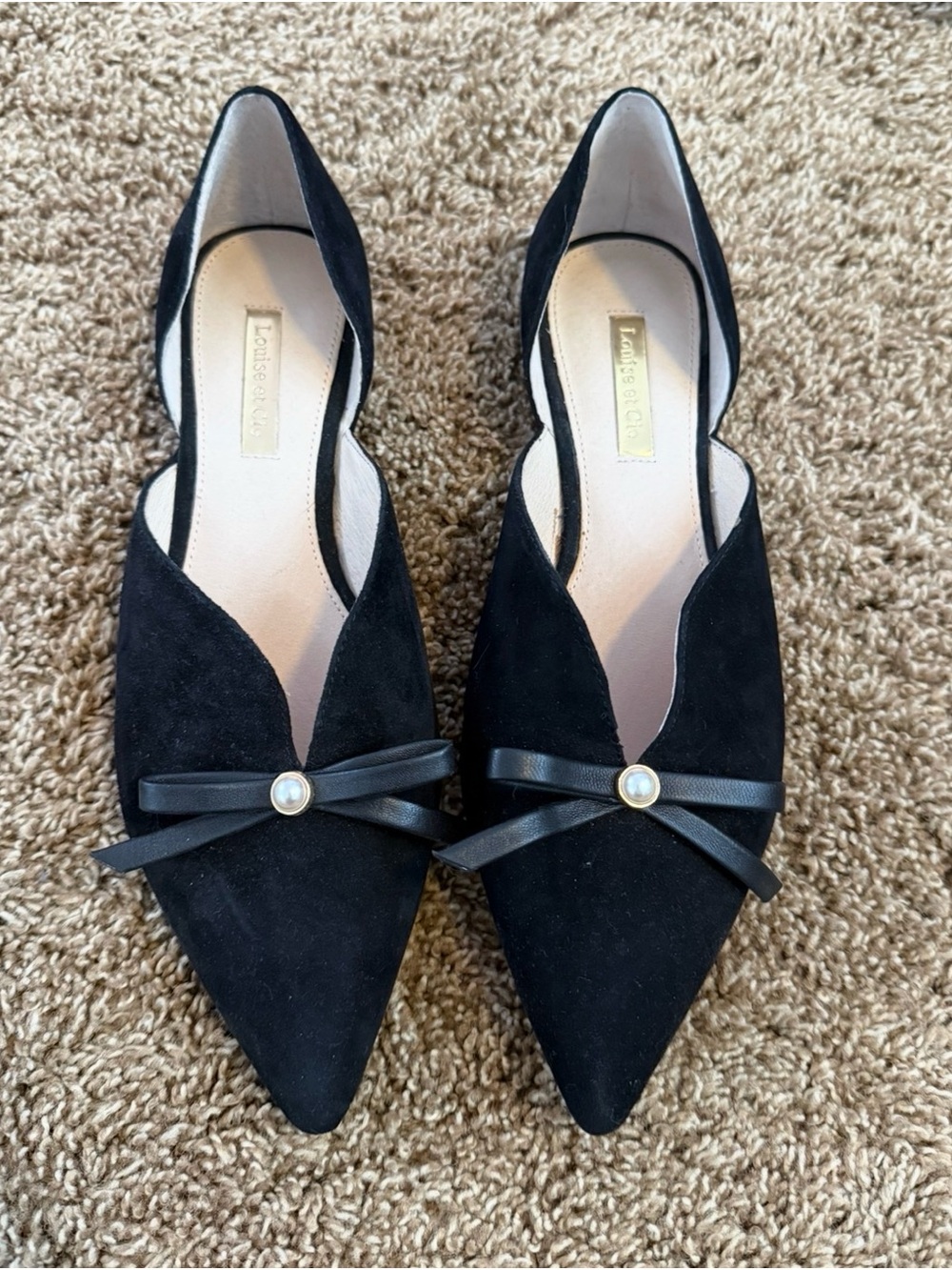 Louise et Cie Black Suede Pointed D'Orsay Flats with Pearl Bow